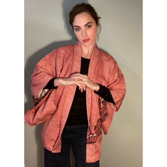 Kimono Haori Jacket Beautiful Pink Red Plum Flower Shibori Dyed ~ Breathtaking - Picture 3 of 11